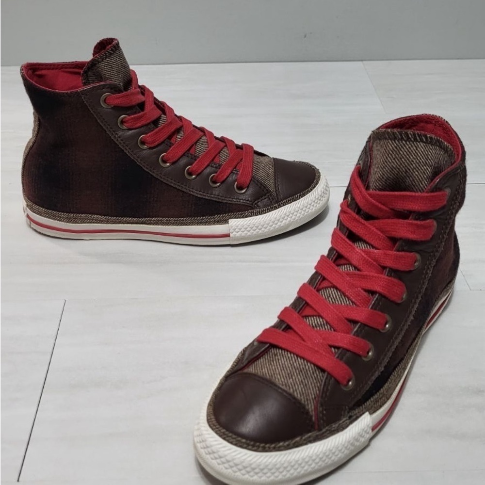 CONVERSE ALL STARS Red & Brown Wool & Leather High Top Sneakers